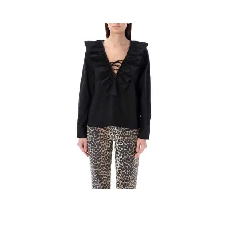 GANNI Ruffled V Neck Blouse-0