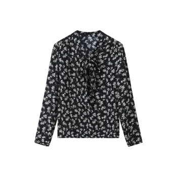 H YXIANG Shirt Women's Dark Blue Base With Small Floral