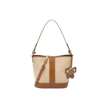 BELLE Cow Leather Bucket Bag, Shoulder Bag, Handbag Medium Size Women's Apricot