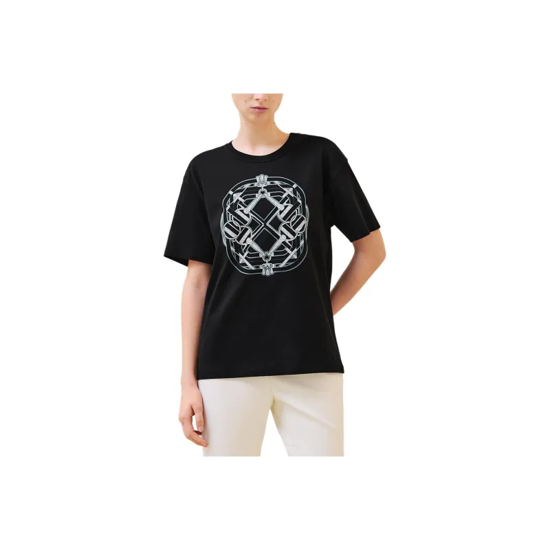 HERMES Toy Lock Ring Patterned Print Crew Neck Pullover Short-Sleeved T-Shirt Women's Black-0