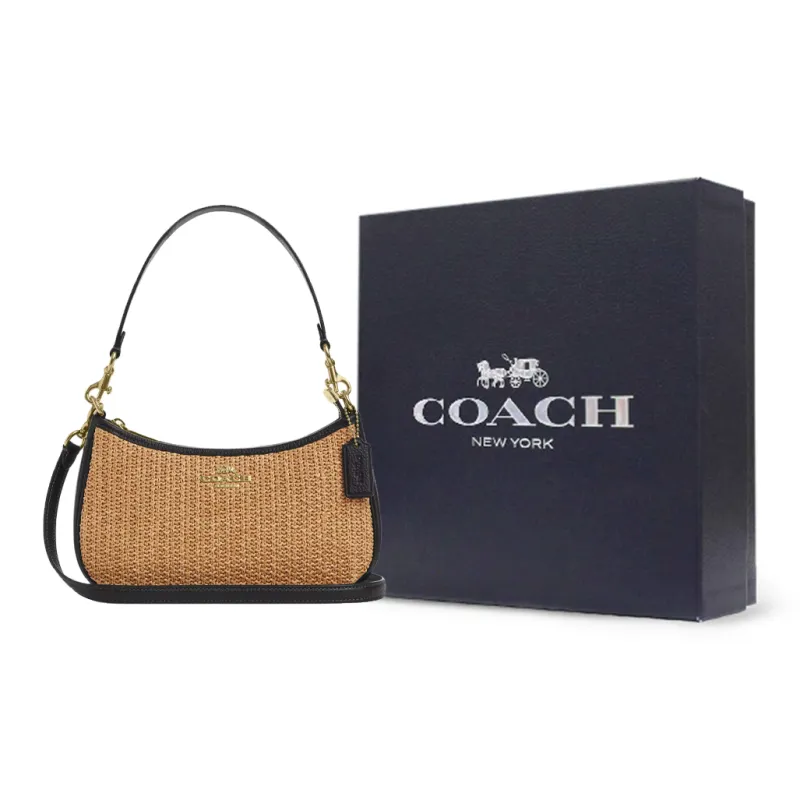 COACH Teri Straw Handbag, Shoulder Bag Medium Size Women's Khaki & Black-8