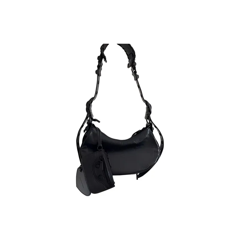 Balenciaga Le Cagole Fine Grained Sheepskin Crescent Bag Biker Shoulder Bag Mini Women's Black-1