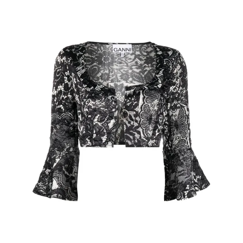 GANNI Scoop Neck Cropped Lace Blouse-0