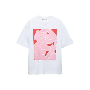 ZARA Drop Shoulder Sleeve T-Shirt Women's Pink/White