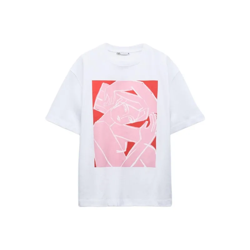 ZARA Drop Shoulder Sleeve T-Shirt Women's Pink/White-0