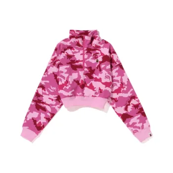 A BATHING APE Women's Woodland Camo Cropped Half Zip Sweater Pink