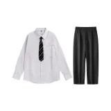 White Top (Black White Stripes Tie)+Black Pants