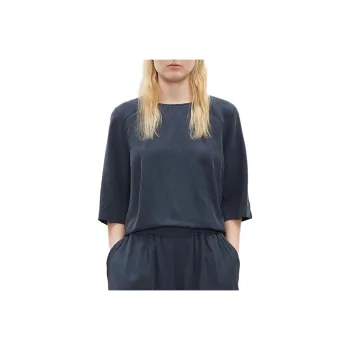LA GARCONNE Solid Color Crew Neck Pullover Loose Fit Straight Fit Short-Sleeved T-Shirt Women's Marine Blue
