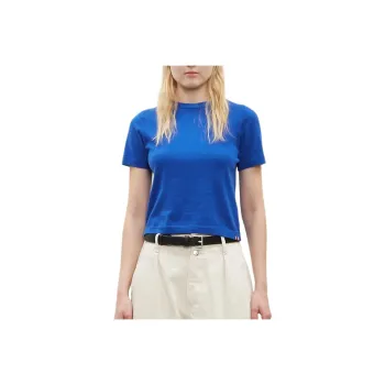 LA GARCONNE Solid Color Crew Neck Pullover Cropped Short-Sleeved T-Shirt Women's Blue