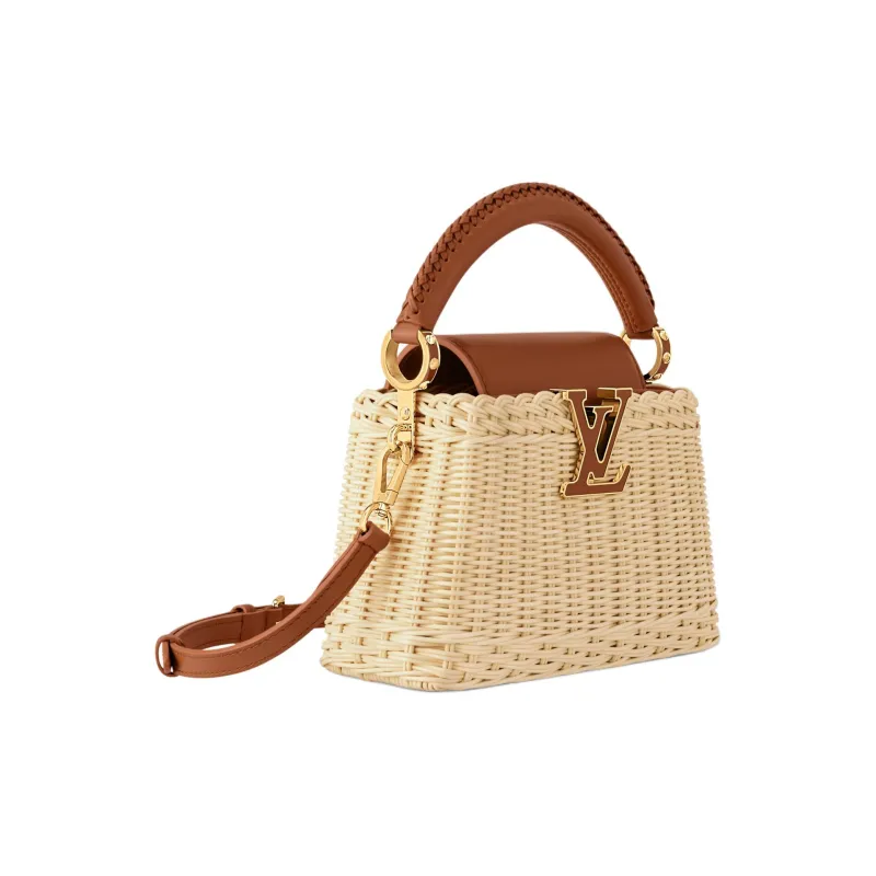 LOUIS VUITTON Capucines Rattan And Cow Leather Woven Bag, One Shoulder Handbag Mini Women's Beige & Brown-1