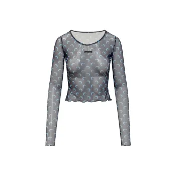 Marine Serre Moon Printed Mesh Second Skin Cropped Top 'Navy'