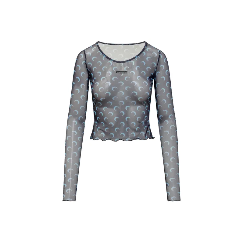 Marine Serre Moon Printed Mesh Second Skin Cropped Top 'Navy'-0