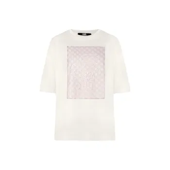 KARL LAGERFELD Cartoon Print Gauze Patchwork Crew Neck Short Sleeved T Shirt Women's White
