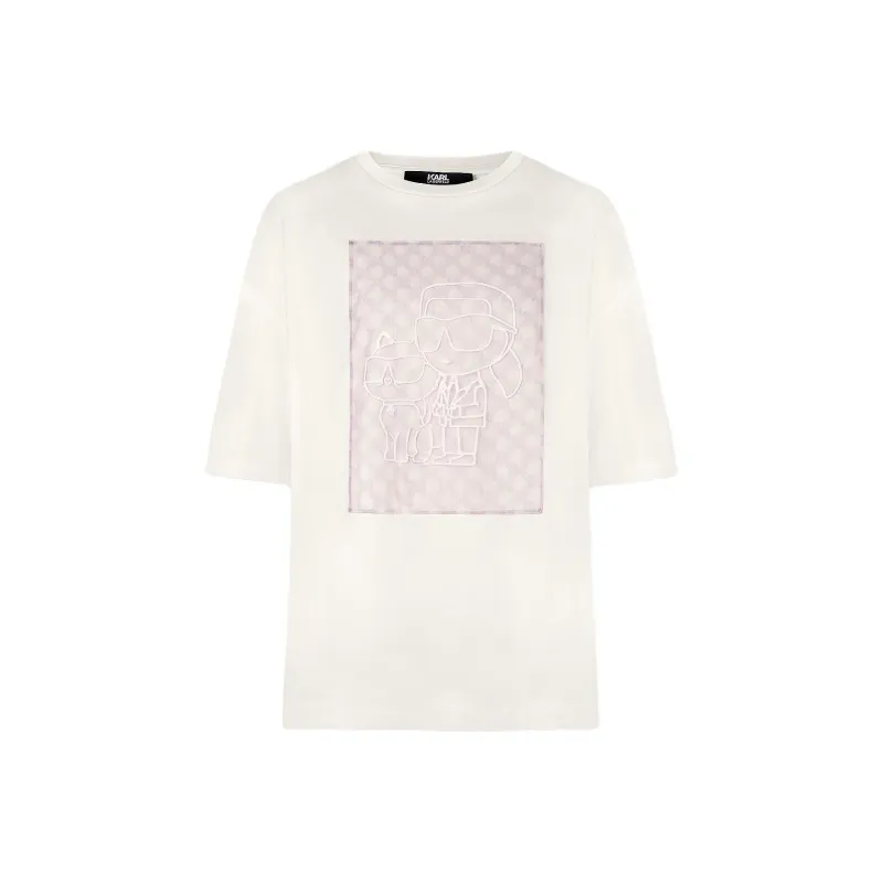 KARL LAGERFELD Cartoon Print Gauze Patchwork Crew Neck Short Sleeved T Shirt Women's White-0