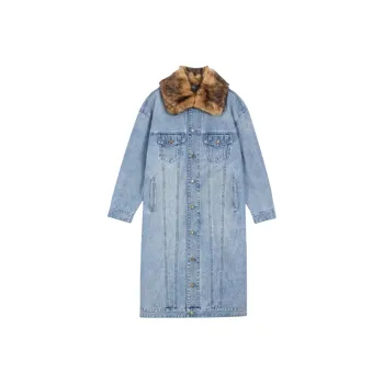 MICHAEL KORS Faux Fur Trim Denim Oversized Coat
