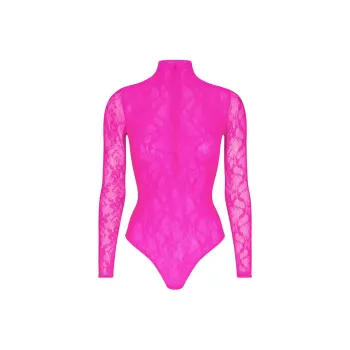 SKIMS STRETCH LACE LINED LONG SLEEVE THONG BODYSUIT Bodysuits Women's NEON PINK/Neon Pink