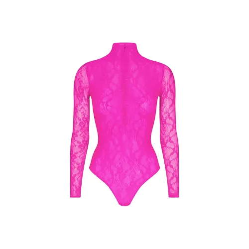 SKIMS STRETCH LACE LINED LONG SLEEVE THONG BODYSUIT Bodysuits Women's NEON PINK/Neon Pink