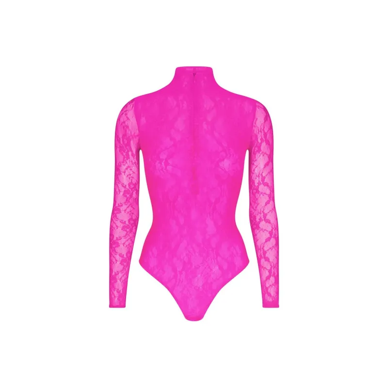 SKIMS STRETCH LACE LINED LONG SLEEVE THONG BODYSUIT Bodysuits Women's NEON PINK/Neon Pink-0