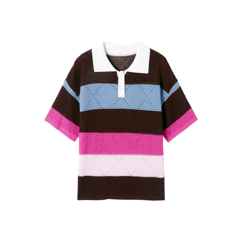 SEENFAAN Polo Shirts Women's Coffee & Blue Patchwork-0