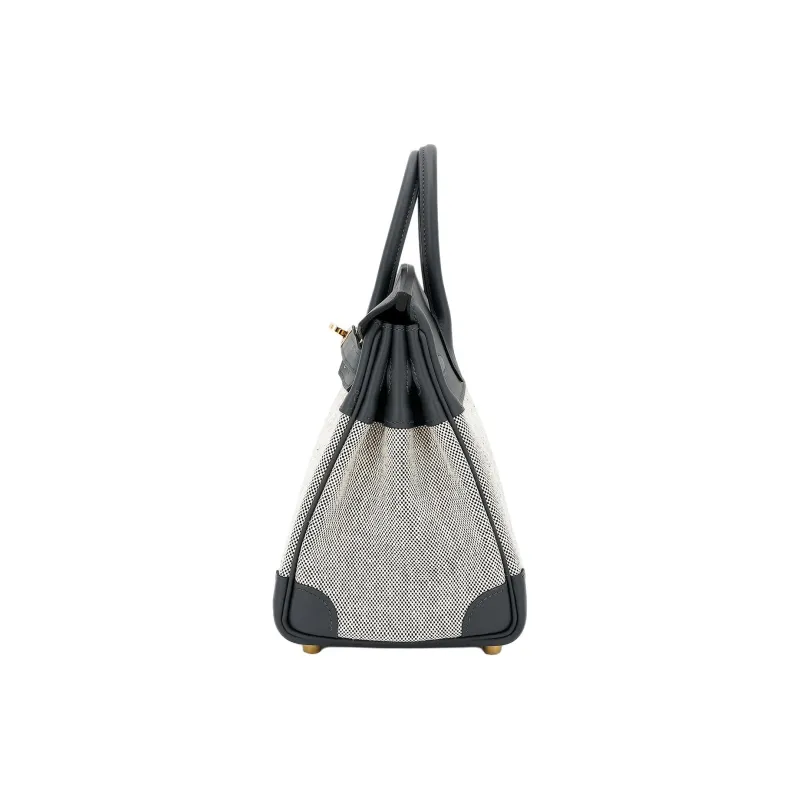 HERMES Swift Leather With Toile H Canvas Handbag Women's Haze Gray-2