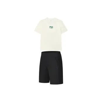 FILA Casual Sportswear Men Clothing Set Sweet Milk White Top+Pitch Black Shorts
