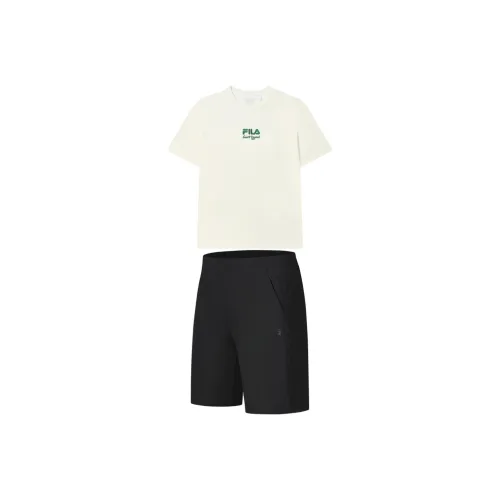 FILA Casual Sportswear Men Clothing Set Sweet Milk White Top+Pitch Black Shorts