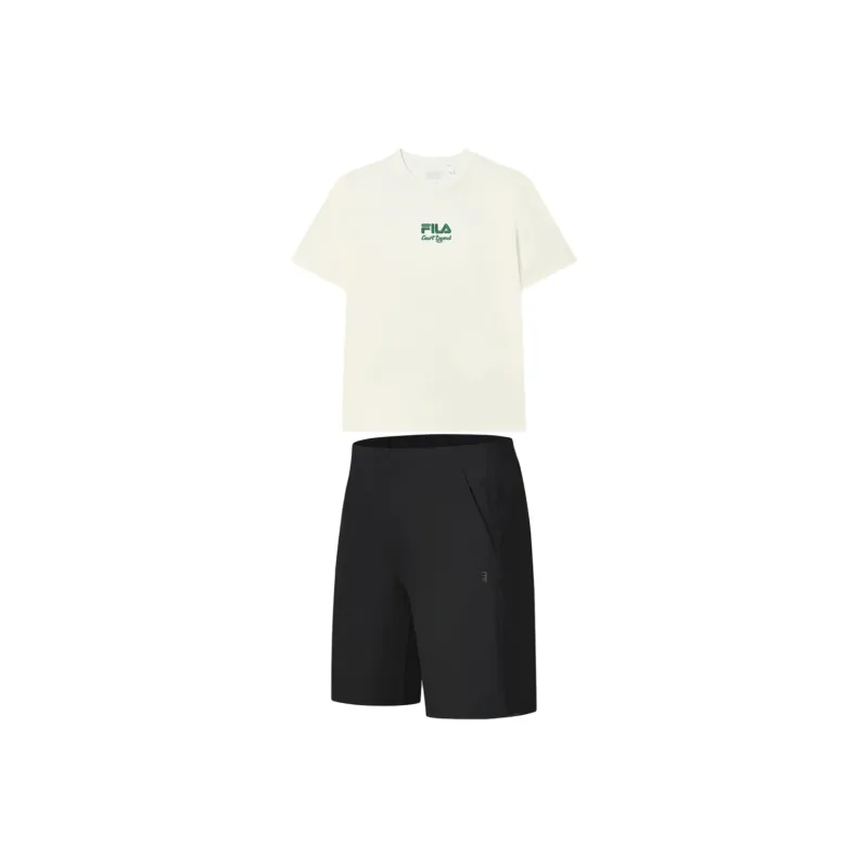 FILA Casual Sportswear Men Clothing Set Sweet Cream Top+Pitch Black Shorts-0