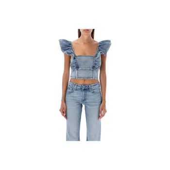 GANNI Ruffled Detail Denim Cropped Top