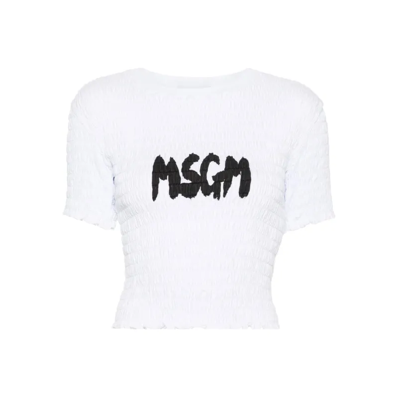MSGM Logo print Smocked T shirt-0