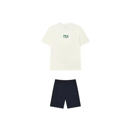 FILA Casual Sportswear Men Clothing Sets Sweet Milk White Top+Legend Blue Shorts