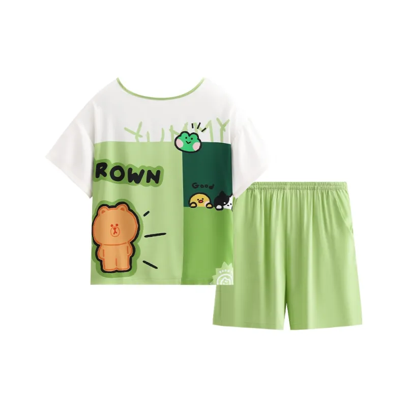 FENTENG Brown Bear Pajama Set Women's Fresh Green-0