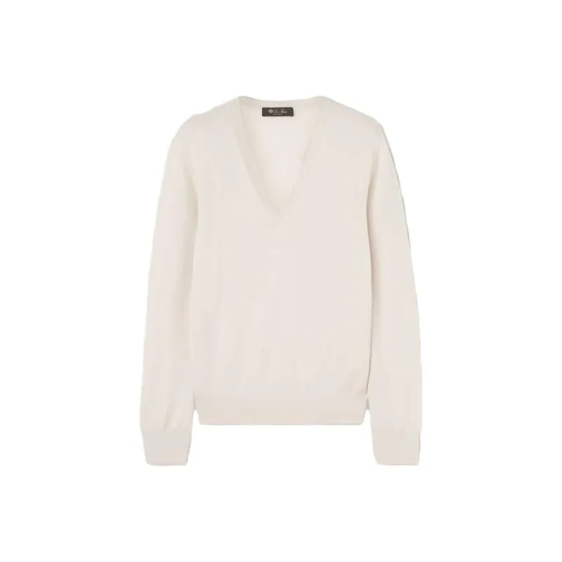 Loro Piana New Piuma V Neck Cashmere Sweater Women's Ecru-0