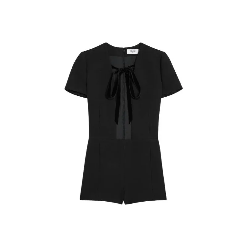CELINE Wrinkled Double Layered Wool Short Jumpsuit Bodysuits Women's Black-0