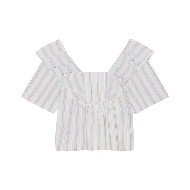 GANNI Ruffle Detailed Square Neck Blouse-0