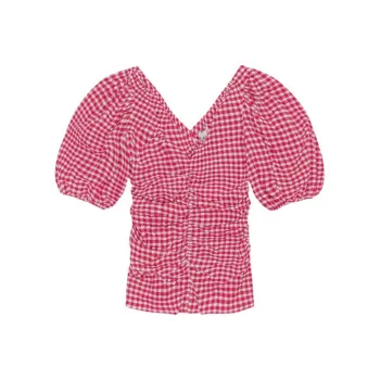 GANNI Check print V neck Blouse