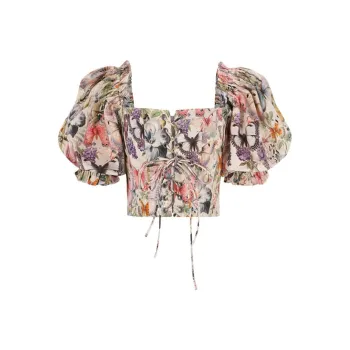 Selkie Collection T Shirt Women's Apricot With Floral And Butterfly Herbal Print