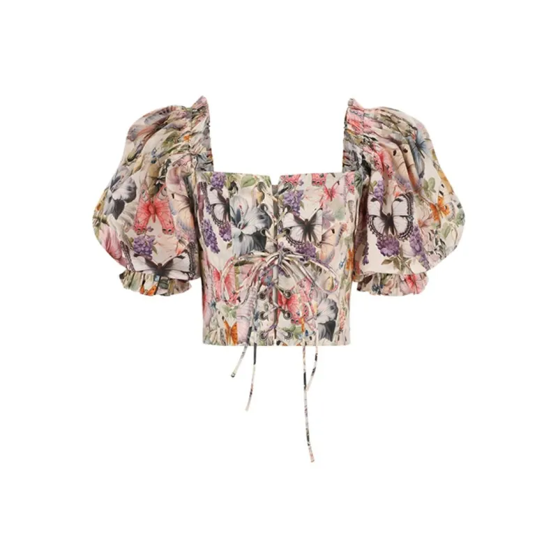 Selkie Collection T Shirt Women's Apricot With Floral And Butterfly Herbal Print-0