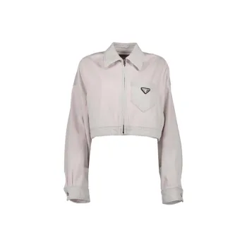 PRADA Logo Plague Cropped Denim Jacket Pink