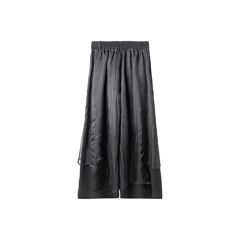 HUANXIANGZHE Loose Fit Straight Fit Cropped Pants Samurai Pants Skirt Casual Pants Unisex Black-1