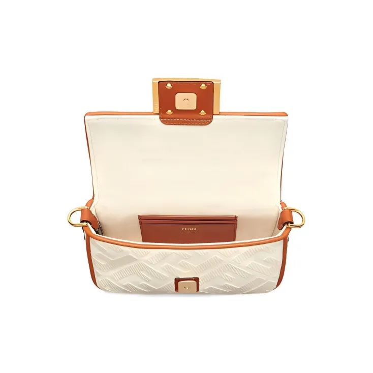 FENDI Baguette Cotton, Nylon, Polyurethane, Cow Leather Shoulder Bag, Crossbody Bag, Handbag Mini Women's White-3