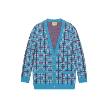 GUCCI Women's Check Wool Cardigan Turquoise
