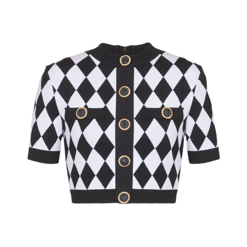 BALMAIN Diamond Patterned Knitted Cropped Top-0