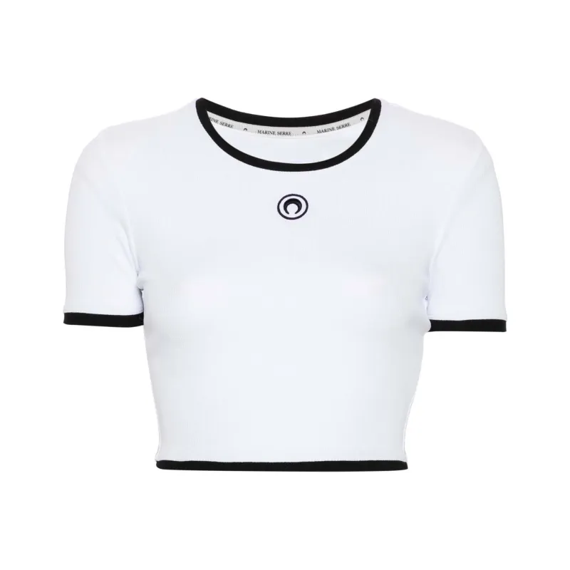 Marine Serre Logo Embroidered Cropped Jersey T Shirt-0