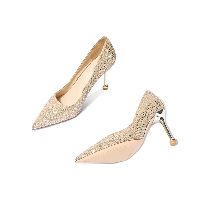 CVOJOO Slim Heel High Heels Women's Champagne Gold-2