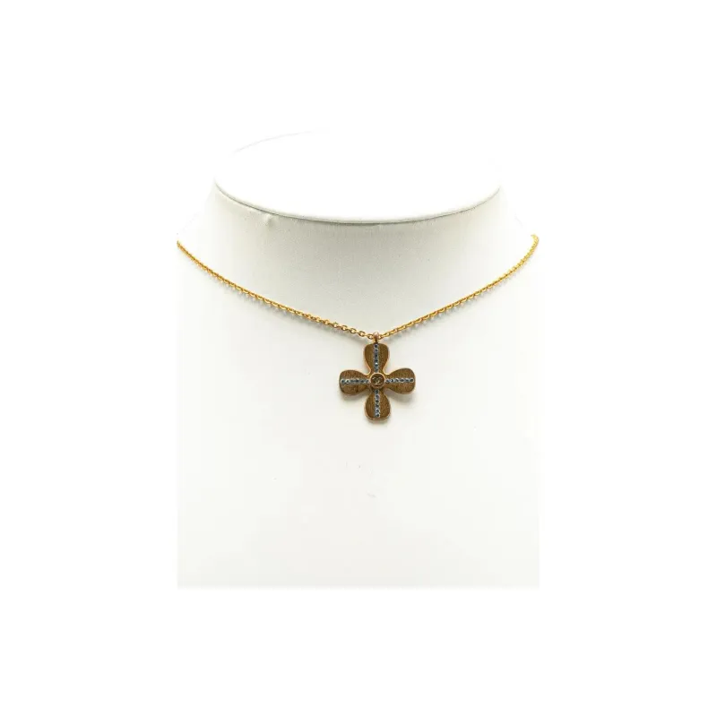 CHANEL 2001 Plated Rhinestones Clover Pendant Necklace Costume Necklace-4