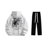 Fleece-Lined Clothing Sets (White Heather Gray Fleece-Lined Hoodies & Sweatshirts+Black Fleece-Lined Casual Pants)