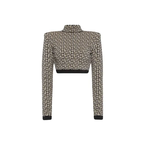 BALMAIN Monogram High Neck Knit Cropped Pullover 'Black/White'