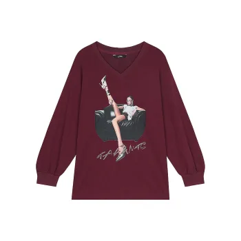 ELF SACK Vintage V Neck Casual Versatile Print Loose Fit T Shirt Women's