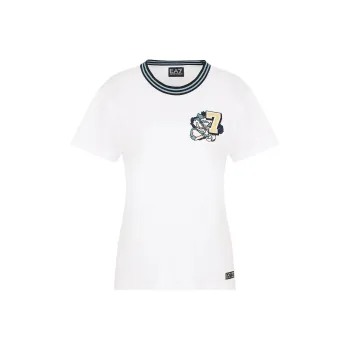 EMPORIO ARMANI EA7 Floral Logo Embroidered Crew Neck Short Sleeved T Shirt T Shirt Women's White
