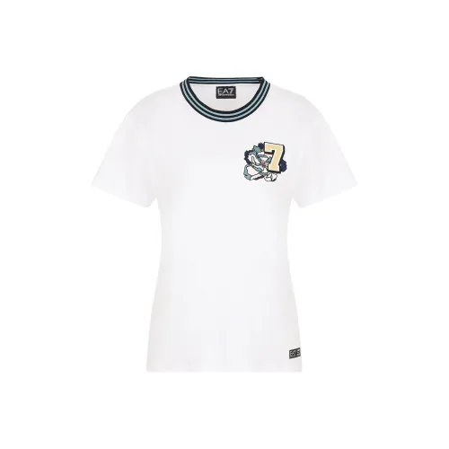 EMPORIO ARMANI EA7 Floral Logo Embroidered Crew Neck Short Sleeved T Shirt T Shirt Women's White